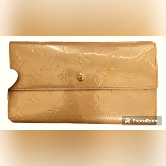 LOUIS VUITTON AUTHENTIC BRONZE GOLD VERNIS LEATHER WALLET w/ PURSE CHAIN  EUC - Picture 2 of 6